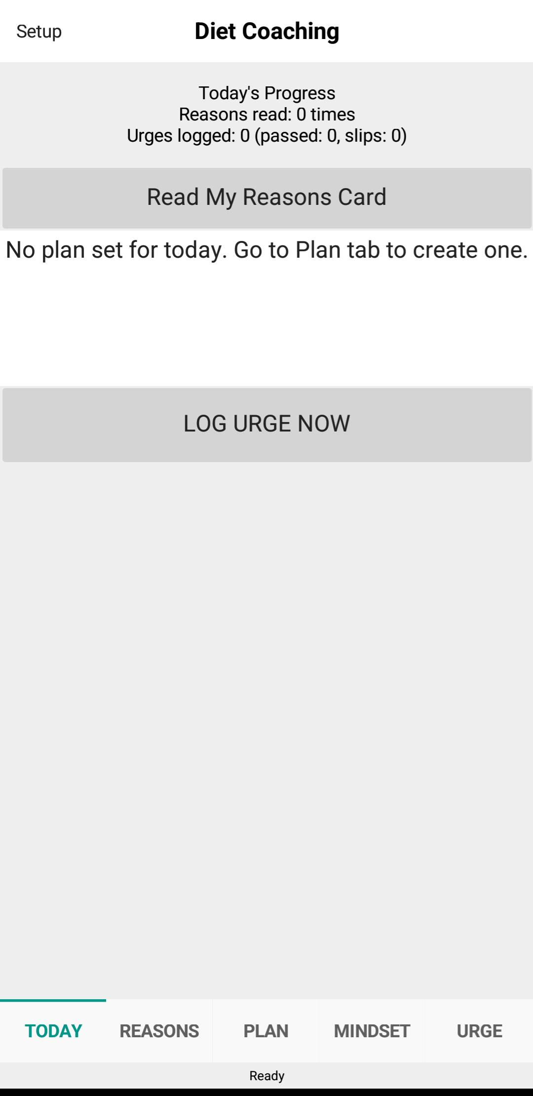 Diet Coaching app - Today tab showing daily progress